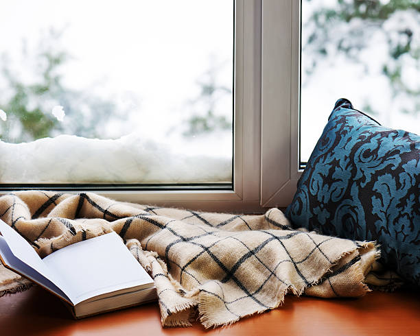 istock Open notepad, pillow, pencils and beige warm plaid 547447300