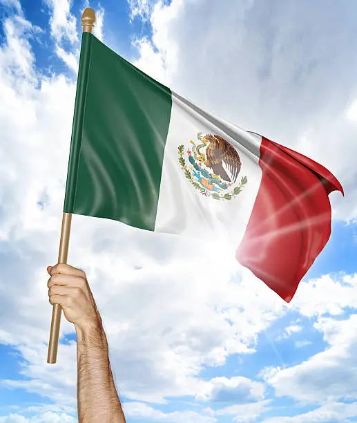 Photo of Person's hand holding the Mexican national flag and waving it