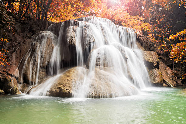 cascada en la selva tropical cascada, provincia de kanchanaburi, tailandia - kanchanaburi province beauty in nature falling flowing fotografías e imágenes de stock