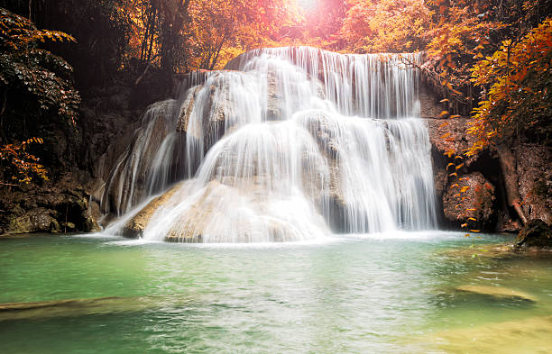 водопад в дождевом лесу водопад, провинция канчанабури, таиланд - kanchanaburi province beauty in nature falling flowing стоковые фото и изображения
