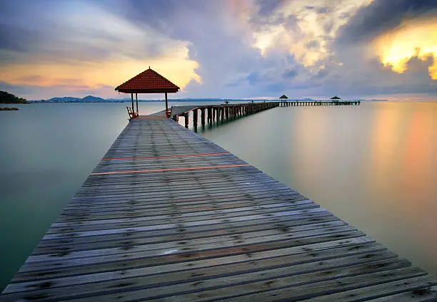 The bridge over the sea with a beautiful sunrise, Rayong, Thailand