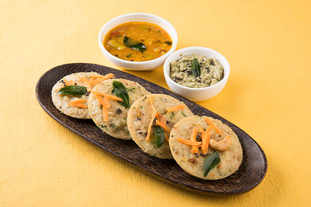 cooked semolina cakes known as rava idli or idly stock photo