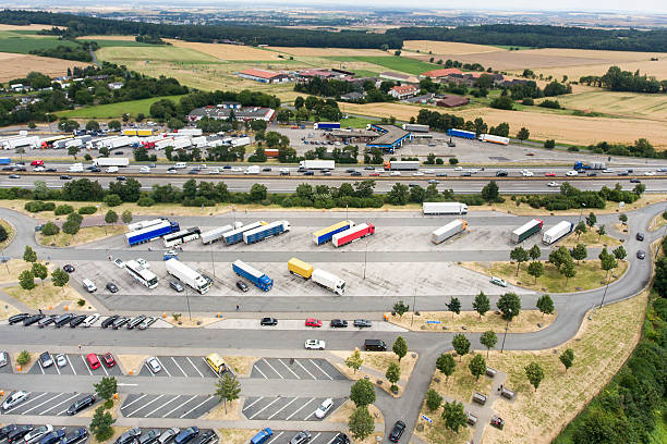 istock Aerial view of a motorway highway rest area 547500266