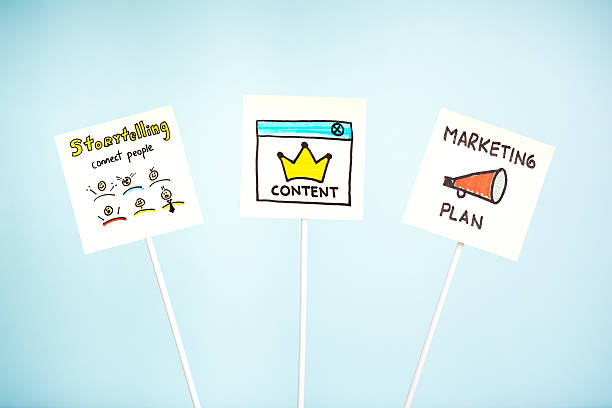 istock Storytelling, content and marketing plan, signpost, blue background 547501106