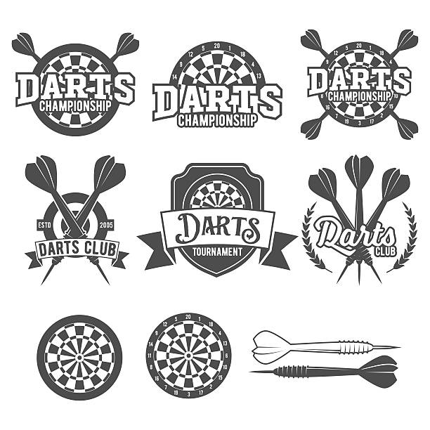 illustrazioni stock, clip art, cartoni animati e icone di tendenza di set di etichette freccette, badge, loghi vettoriali - dart target darts dartboard