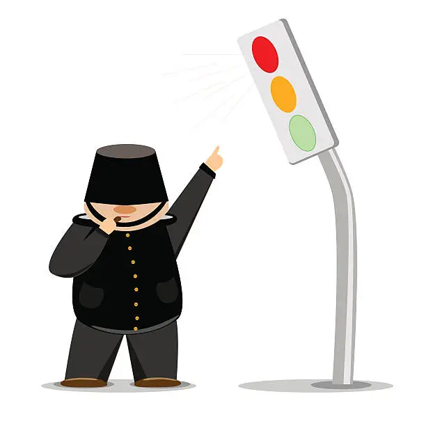 Vector illustration of Cartoon policeman in black uniform on shows red light