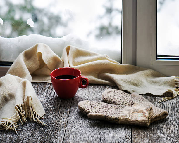 istock Red cup of coffee or tea, scarf and womans mittens. 547503104