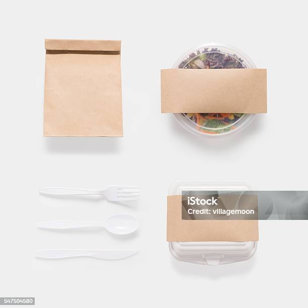 Design Concept Of Mockup Salad Bag And Container Box Set Stock Photo - Download Image Now