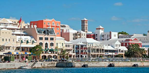 Hamilton Waterfront  District with business along Front Street Hamilton Waterfront  District with business along Front Street bermuda stock pictures, royalty-free photos & images