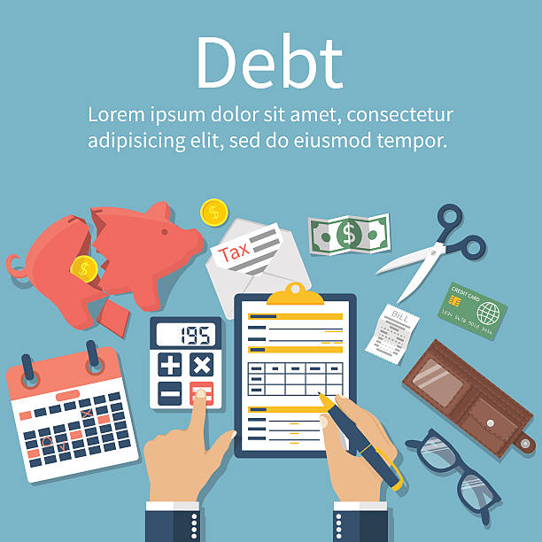 ilustraciones, imágenes clip art, dibujos animados e iconos de stock de vector del concepto de deuda - financial burden