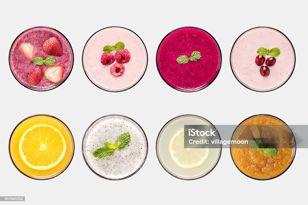 Design concept of mockup fruit smoothie and fruit juice set Design concept of mockup fruit smoothie and fruit juice set isolated on white background. Clipping Path included on white background. High Angle View Stock Photo