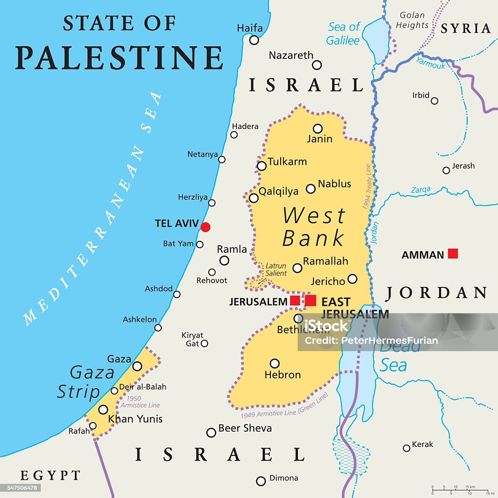 State of Palestine. West Bank and Gaza Strip Political Map State of Palestine with designated capital East Jerusalem, claiming West Bank and Gaza Strip. Political map with borders and important places. Most areas are occupied by Israel. English labeling. Map stock vector