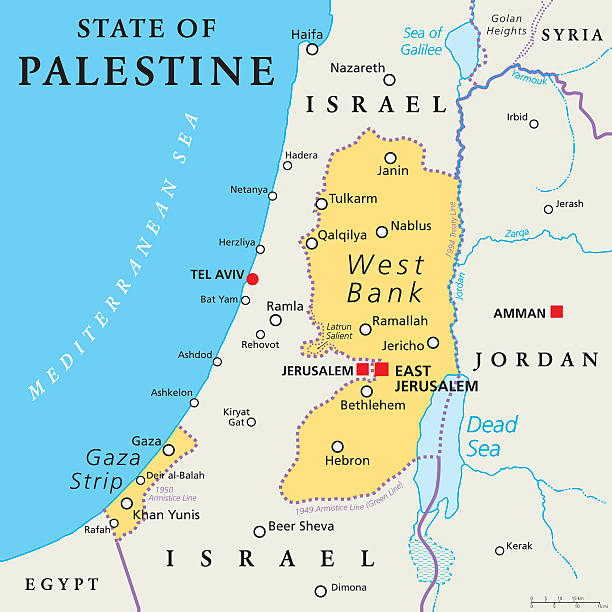 State of Palestine. West Bank and Gaza Strip Political Map State of Palestine with designated capital East Jerusalem, claiming West Bank and Gaza Strip. Political map with borders and important places. Most areas are occupied by Israel. English labeling. bethlehem west bank stock illustrations