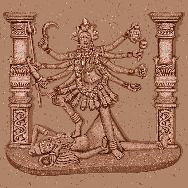 Vintage Statue of Indian Goddess Kali Sculpture Vector design of Vintage statue of Indian Goddess Kali sculpture engraved on stone kali statue stock illustrations