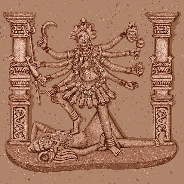 Vector illustration of Vintage Statue of Indian Goddess Kali Sculpture