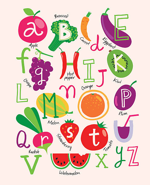 Cute vegetarian alphabet with fruits and vegetables Vector set. Illustration in cartoon stile isolated on white background. chandler strawberry stock illustrations