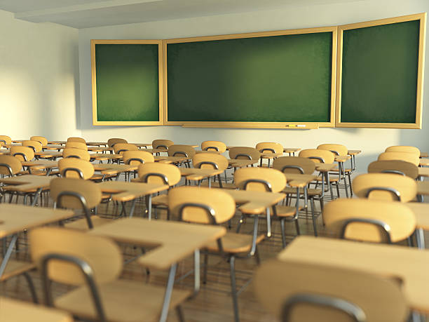 istock School classroom with empty school chairs and blackboard. Back t 547514168