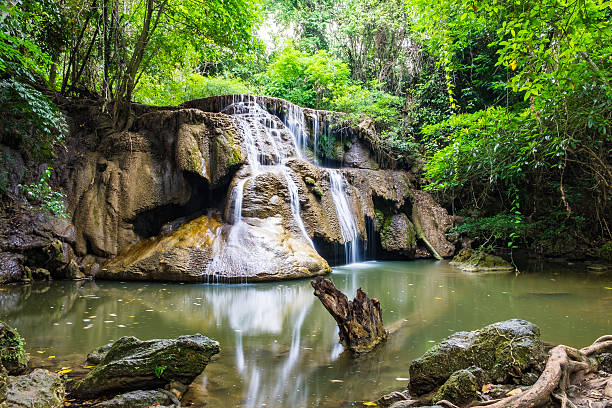 istock Waterfall cliff with log in rainforest at huai mae khamin 547516548