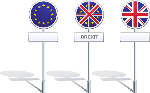 istock Road signs with flags of EU, Great Britain and their 547516712