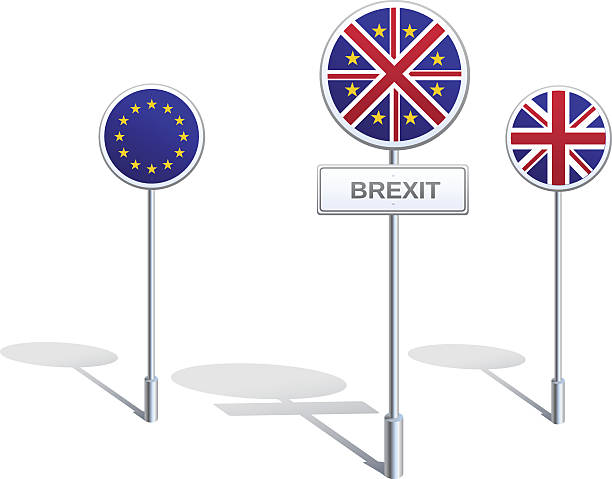 istock Road signs with flags of EU, Great Britain and their 547516724