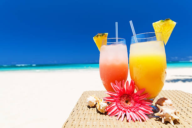 istock Two tropical fresh juices on white sandy beach 547520052