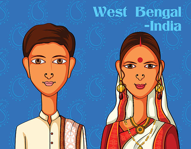 bengalisches paar in traditioneller tracht von westbengalen, indien - tiger asian culture traditional culture bengal tiger stock-grafiken, -clipart, -cartoons und -symbole