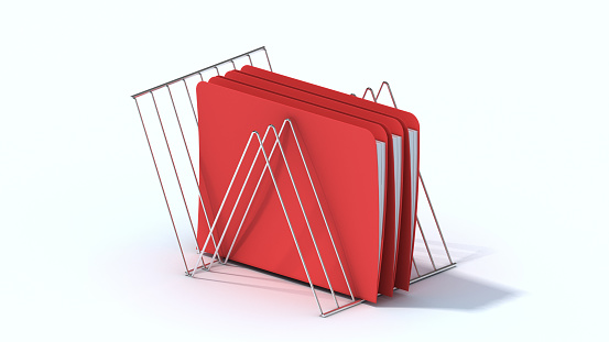 Red folders on a rack, office supplies isolated on white background, 3D illustration