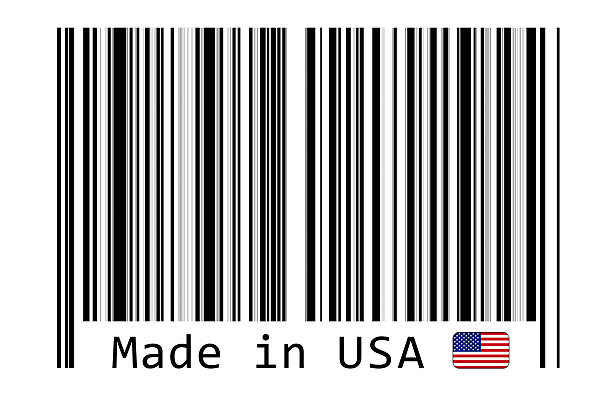 hecho en ee.uu. con etiqueta de código de barras - made in the usa label bar code merchandise fotografías e imágenes de stock