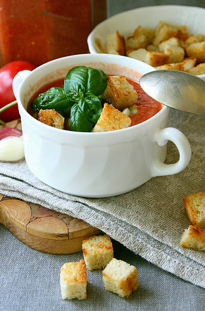istock plate of gazpacho with croutons.. 547526102