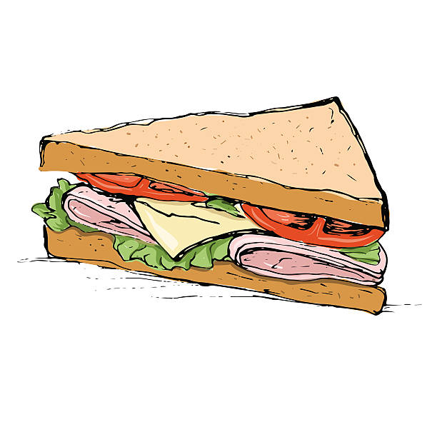 ilustraciones, imágenes clip art, dibujos animados e iconos de stock de sándwich de jamón, queso, tomate y lechuga - sandwich ham white background lunch