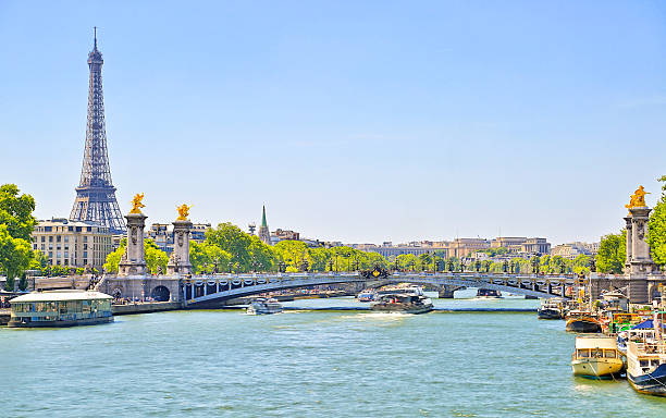 Eiffel Tower and Bridge Alexandre III over Seine River stock photo
