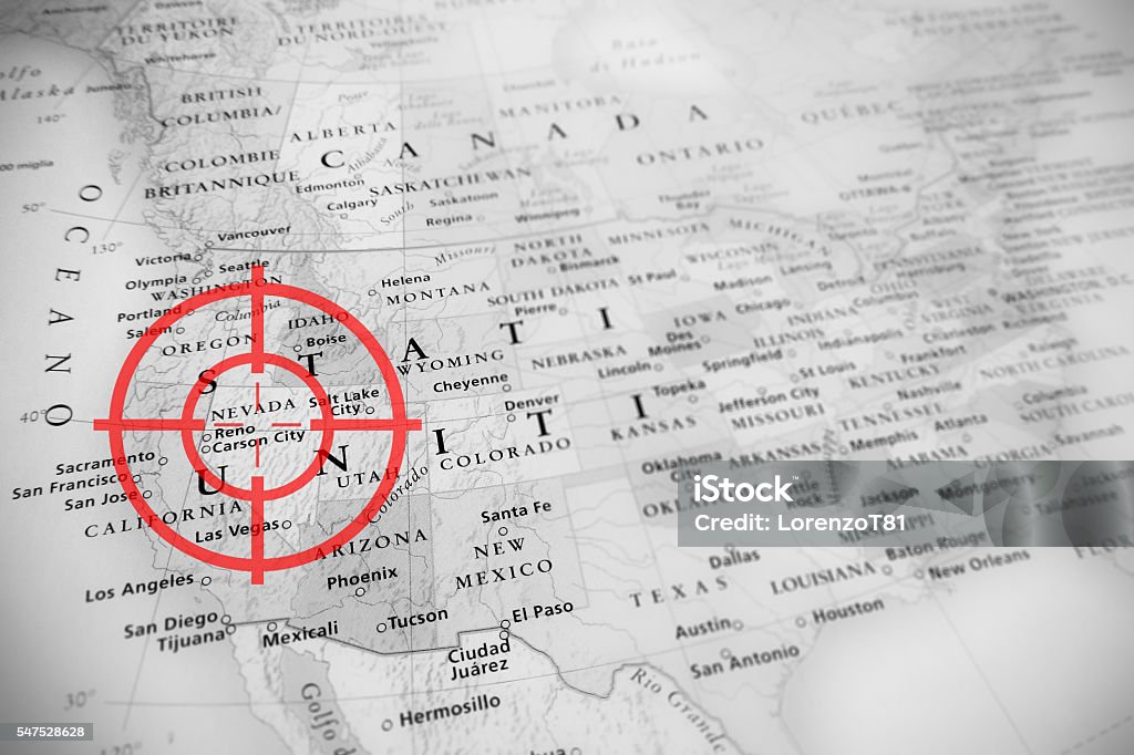 Red aerial target on tilted United States map: Nevada Red aerial target on tilted United States map ( Nevada ), black and white effect Arizona Stock Photo