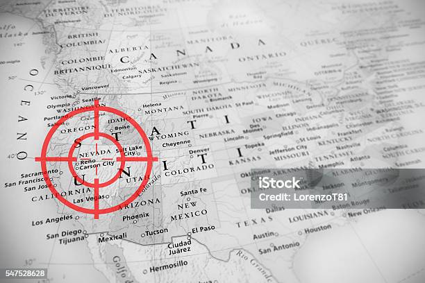 Red Aerial Target On Tilted United States Map Nevada Stock Photo - Download Image Now