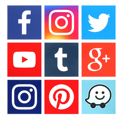 Kiev, Ukraine - June 22, 2016: Collection of square popular social media logos printed on paper:Facebook, Twitter, Google Plus, Instagram, Youtube, Waze, Pinterest and Tumblr