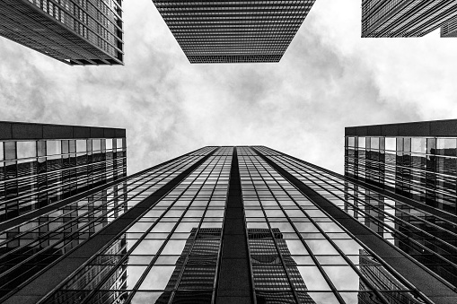 worm's-eye view in black and white of New York City's skycrapers