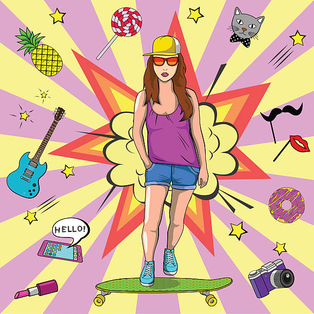 Girl hipster Girl hipster on longboard (skateboard). Modern urban style and culture. Colored vector illustration skater girl stock illustrations