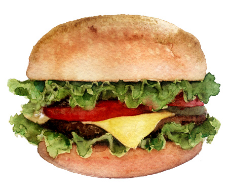 watercolor sketch: a burger on a white background