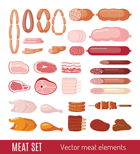 illustrations, cliparts, dessins animés et icônes de ensemble d’icônes de viande et de saucisses. - butchers shop butcher meat delicatessen