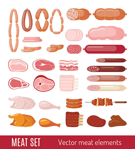 zestaw ikon mięsa i kiełbasy. - roast beef illustrations stock illustrations