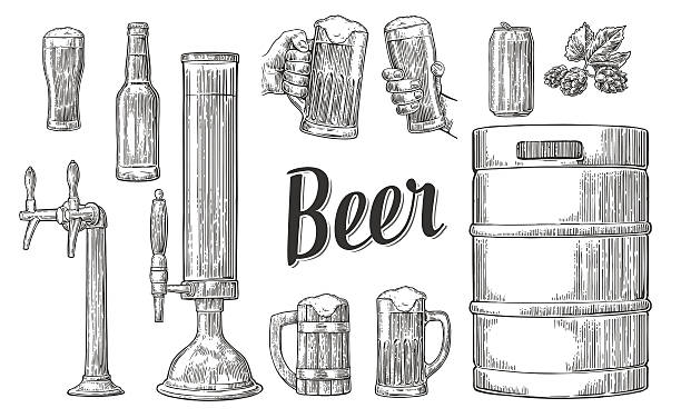 Beer set with hands holding glasses and tap, can, keg Beer set with two hands holding glasses mug and tap, can, keg, bottle. Vintage vector engraving illustration for web, poster, invitation to party. Isolated on white background. beer bottle illustrations stock illustrations