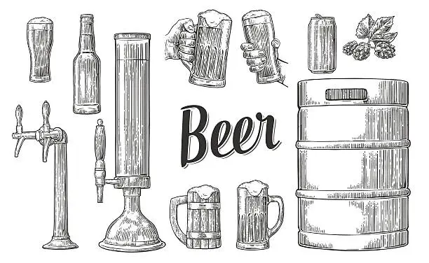 Vector illustration of Beer set with hands holding glasses and tap, can, keg