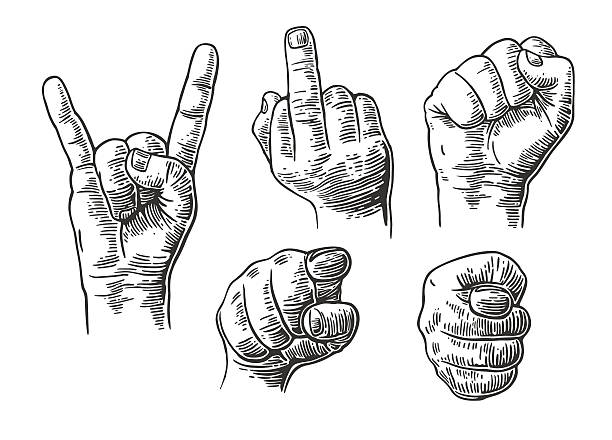 ilustraciones, imágenes clip art, dibujos animados e iconos de stock de signo de mano masculino. puño, señalando con el dedo, rock and roll - misil tierra aire