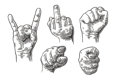 Male Hand sign. Fist, Middle finger up, pointing finger at viewer from front,  fig, Rock and Roll.  Vector vintage engraved illustration isolated on white background.