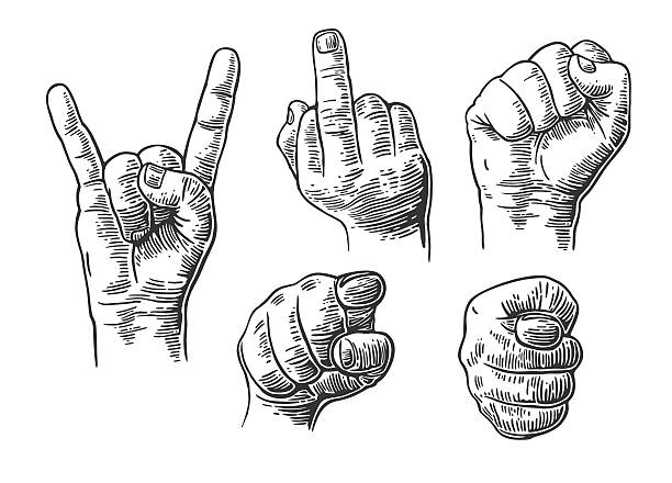 Male Hand sign. Fist, pointing finger, Rock and Roll Male Hand sign. Fist, Middle finger up, pointing finger at viewer from front,  fig, Rock and Roll.  Vector vintage engraved illustration isolated on white background. i want you stock illustrations