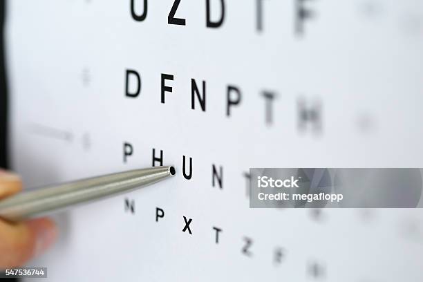 Silver Ballpoint Pen Pointing To Letter In Eyesight Check Table Stock Photo - Download Image Now