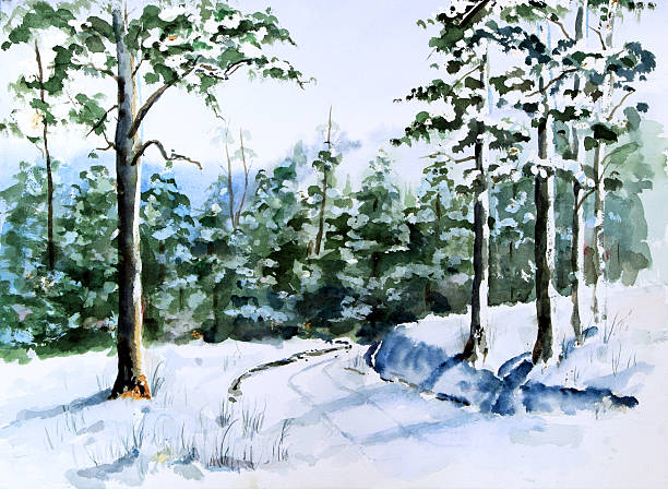 Watercolor painting of snow scene with a road and trees vector art illustration