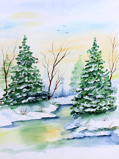 акварея роспись снежной сцены с рекой и деревьями - winter sunset stream snow stock illustrations