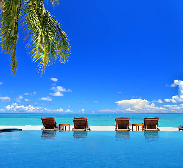 istock Tanning beds beside blue pool in tropical beach resort 547539314