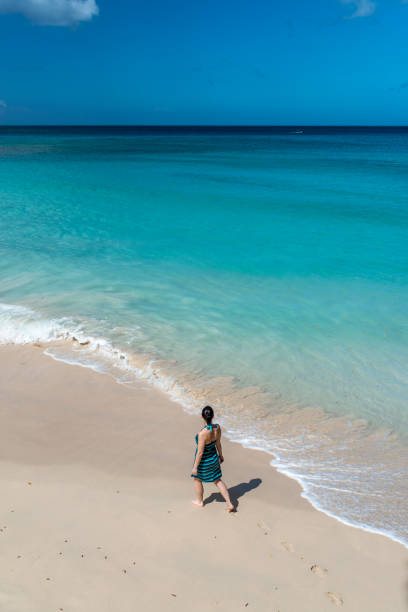 istock Woman walks along empty beach at surf edge 550207831