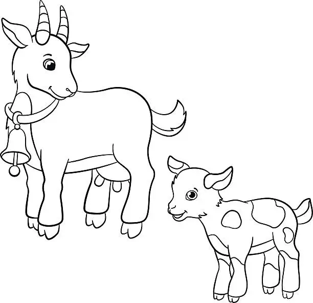 Vector illustration of Coloring pages. Farm animals. Cute mother goat with goatling.